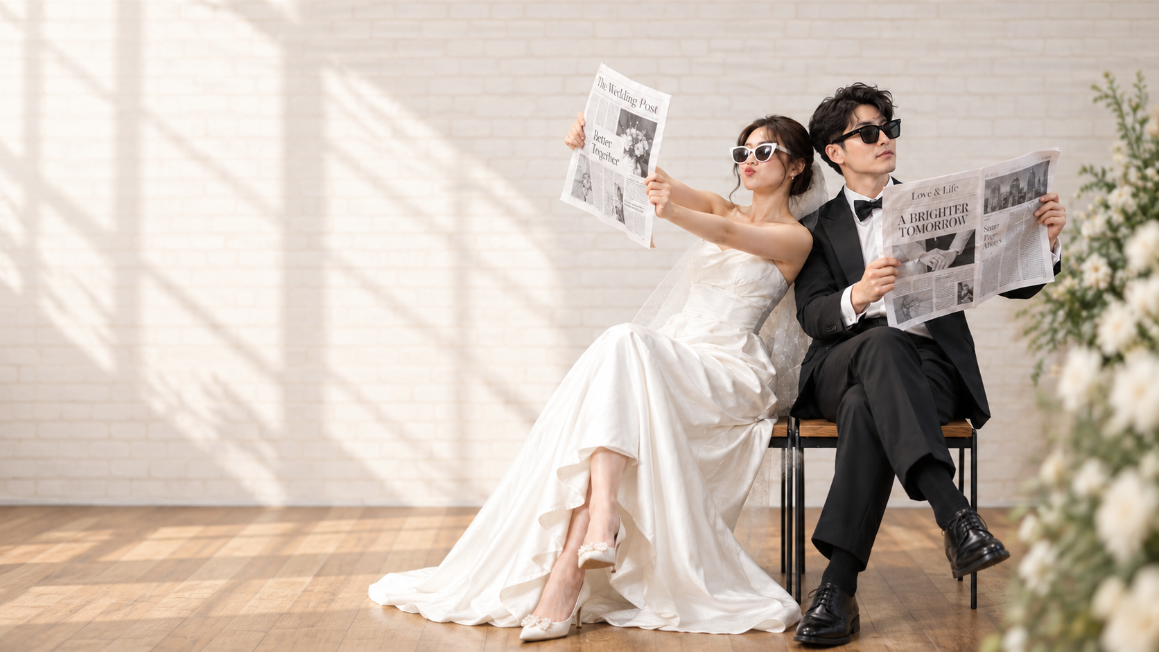 白いレンガ背景で自由なウェディングフォトを楽しむ夫婦