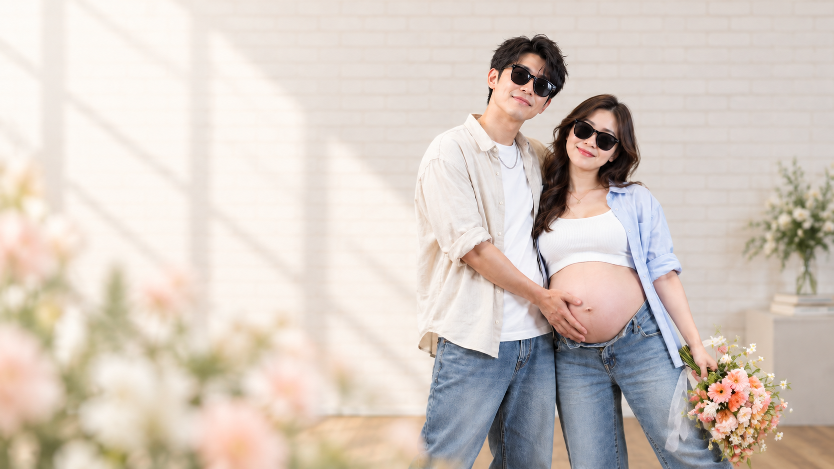 白いレンガ背景でマタニティフォトを楽しむ夫婦